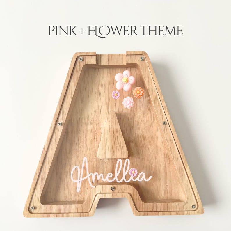 personalized wooden letter piggy bank girl money box, baptism gift girl or christening gift, first birthday gift and Easter gift for kids, nursery decor baby gift