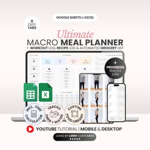 Planer posiłków makro Arkusze Google Kalkulator kalorii Śledzenie makro Śledzenie utraty wagi Szablon listy zakupów Dziennik przepisów Deficyt kalorii