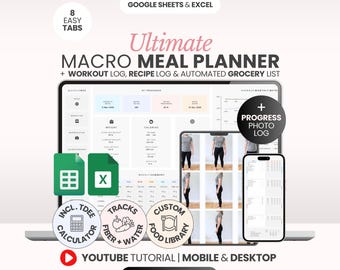 Planificador de macronutrientes para comidas, Google Sheets, Calculadora de calorías, Rastreador de macronutrientes, Rastreador de pérdida de peso, Plantilla de lista de compras, Diario de recetas, Déficit calórico