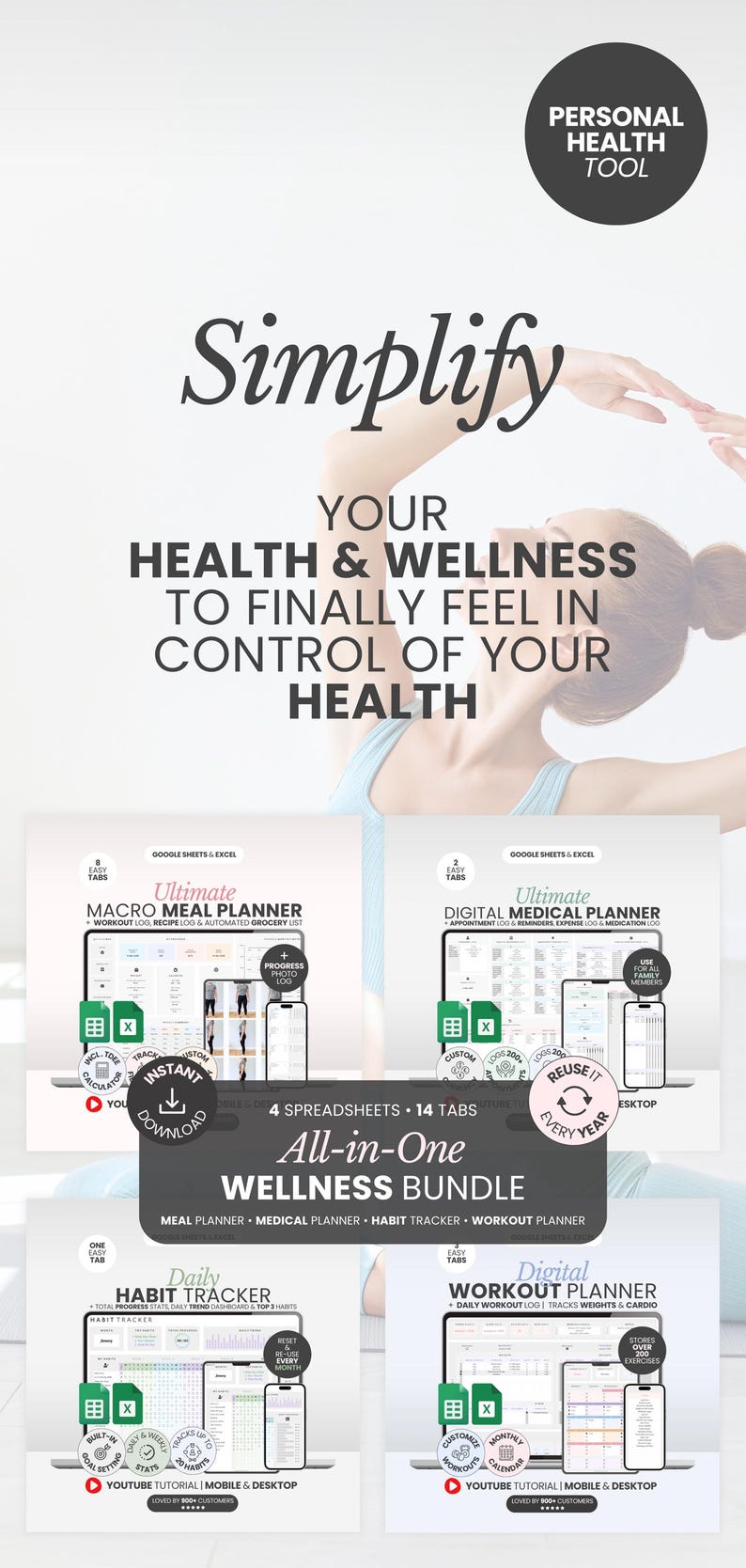 Health And Wellness Template Wellness Journal Self Care Template Digital Fitness Tracker Excel Weight Loss Journal Meal Planner Sheet