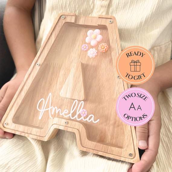 Wooden Letter Piggy Bank Girl Personalized Money Box Christening Gift For Girls Baptism Gift First Birthday Gift Easter Gift for Kids