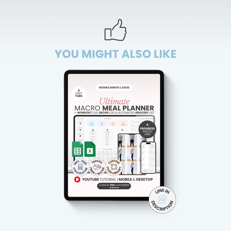 May include: A digital tablet displays a "Ultimate Macro Meal Planner" with workout and recipe logs. The screen shows a progress photo log, calculator, and food library. The text "You Might Also Like" and a thumbs-up icon are at the top.