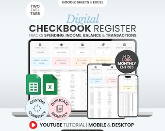 Digital Checkbook Register Google Sheets Checkbook Template Excel Expense Tracker Monthly Budget Spreadsheet Business Transactions Tracker