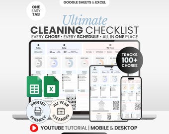 May include: A digital cleaning checklist template for Google Sheets and Excel displayed on a laptop, tablet, and smartphone. The interface features progress charts, chore lists, and scheduling tools. Text includes Ultimate Cleaning Checklist, Tracks 100+ Chores, Printer Friendly, All Year Cleaning, and Youtube Tutorial.