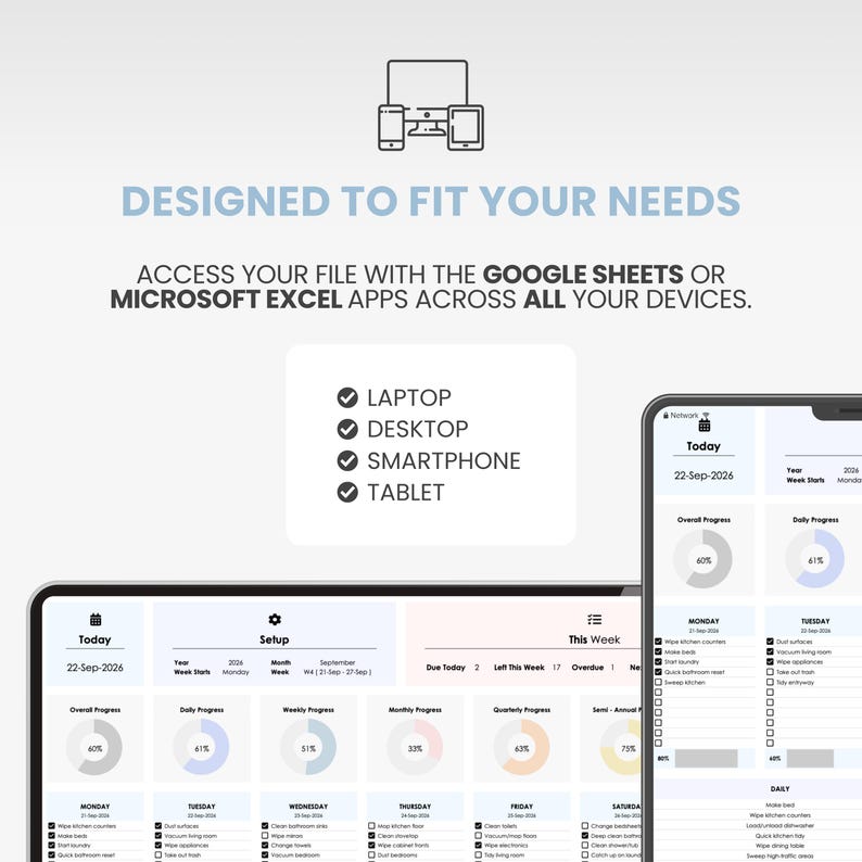 Puede incluir: Una interfaz de planificador digital mostrada en una tableta y un tel&eacute;fono inteligente. El texto dice: DESIGNED TO FIT YOUR NEEDS. ACCESS YOUR FILE WITH THE GOOGLE SHEETS OR MICROSOFT EXCEL APPS ACROSS ALL YOUR DEVICES. LAPTOP, DESKTOP, SMARTPHONE, TABLET.