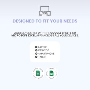 May include: A digital graphic featuring icons of a computer, smartphone, and tablet with the text DESIGNED TO FIT YOUR NEEDS. It states to access files with Google Sheets or Microsoft Excel on a laptop, desktop, smartphone, and tablet, with app logos.