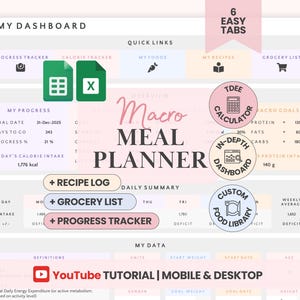Macro Meal Planner Google Sheets Calorie Calculator Macro Tracker Weight Loss Tracker Grocery List Template Recipe Journal Calorie Deficit