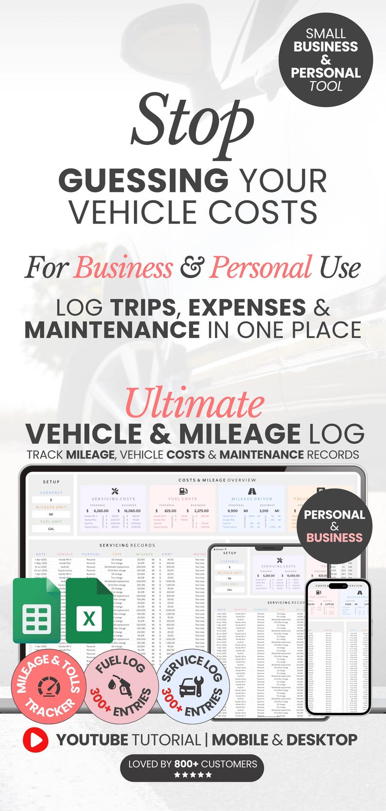 Car Maintenance Tracker Excel Vehicle Maintenance Log Car Mileage Google Sheets Business Mileage Expense Tracker Fleet Tracker Vehicle Log