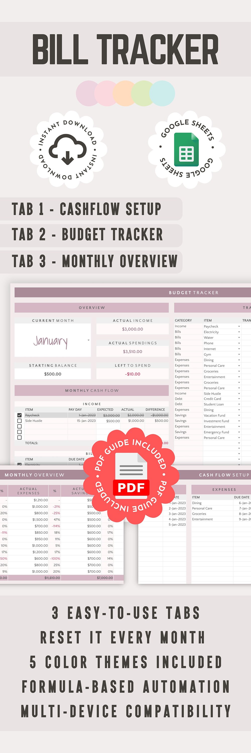 Bill Tracker Google Sheets Budget Spreadsheet Monthly Paycheck Sheet ...