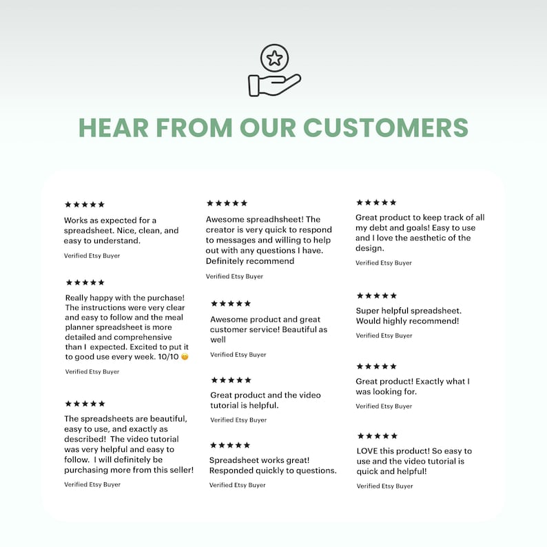 May include: Image featuring customer reviews for a spreadsheet product. The reviews are displayed with a star rating and text, including phrases like "Works as expected" and "Awesome spreadsheet!"