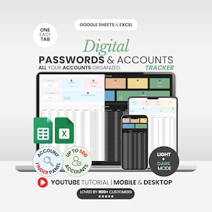 Hoja de registro de contraseñas en modo oscuro Libro de contraseñas Rastreador de contraseñas digital Plantilla de cuentas de Hojas de cálculo de Google Gestor de contraseñas digital Hoja de cálculo