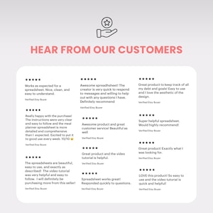 May include: A light pink graphic with the text "HEAR FROM OUR CUSTOMERS" above customer reviews. The reviews are in a white box and include star ratings and positive feedback about spreadsheets, customer service, and video tutorials.
