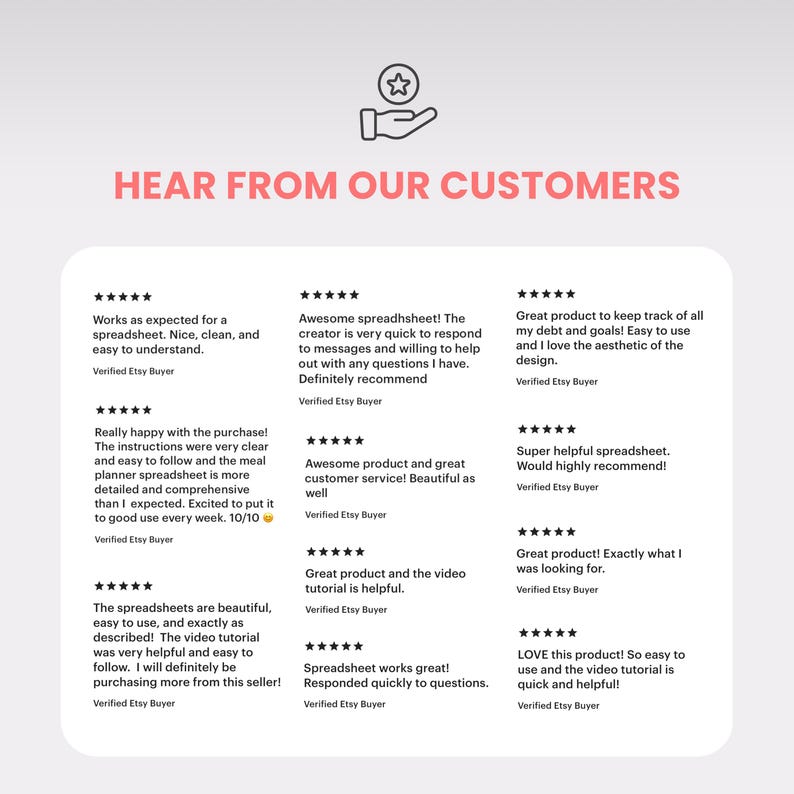 May include: A light pink graphic with the text "HEAR FROM OUR CUSTOMERS" above customer reviews. The reviews are in a white box and include star ratings and positive feedback about spreadsheets, customer service, and video tutorials.