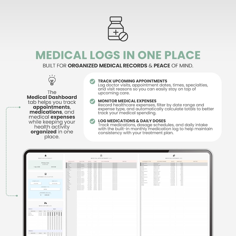 Medikation Tracker Tabelle Medizinisches Logbuch Pflegeplaner Google Sheets Familiengesundheitsplaner Gesundheitsorganizer Bild 5