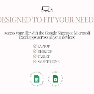 May include: A digital graphic with the text "DESIGNED TO FIT YOUR NEEDS". It lists access to files via Google Sheets or Microsoft Excel apps on laptop, desktop, tablet, and smartphone. Includes Google Sheets and Excel app logos.