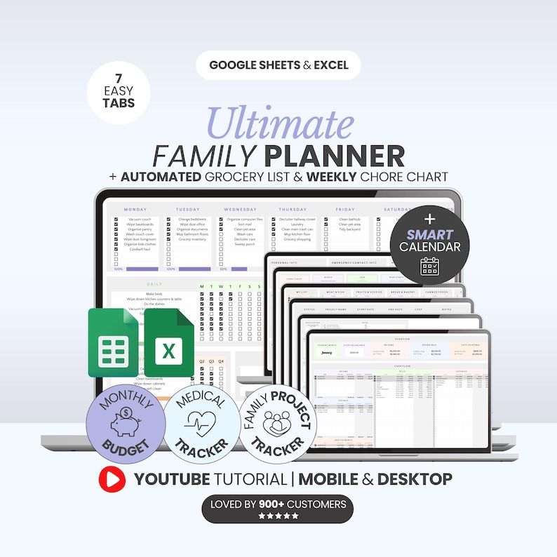 Digital Family Planner Google Sheets Family Calendar Excel Chore Chart Editable To Do List Household Planner Family Budget Tracker Bundle