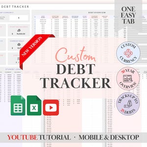 Rastreador de pago de deuda personalizado en Excel, Rastreador de pago de préstamos, Rastreador de préstamos estudiantiles, Calculadora de pago de deuda, Rastreador de pago de tarjetas de crédito, Hojas de cálculo de Google