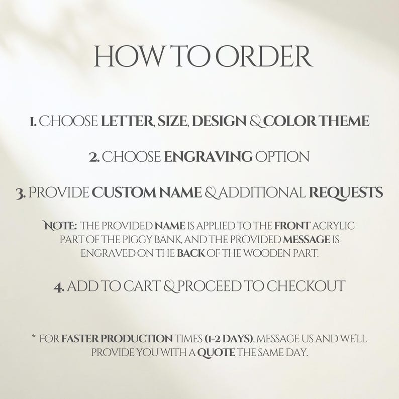 Puede incluir: Un gr&aacute;fico informativo blanco con texto negro titulado HOW TO ORDER. Enumera cuatro pasos: 1. CHOOSE LETTER, SIZE, DESIGN & COLOR THEME, 2. CHOOSE ENGRAVING OPTION, 3. PROVIDE CUSTOM NAME & ADDITIONAL REQUESTS, 4. ADD TO CART & PROCEED TO CHECKOUT.