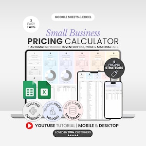 Puede incluir: Una captura de pantalla de una calculadora de precios para pequeñas empresas en una computadora portátil, una tableta y un teléfono inteligente. La imagen incluye el texto "Small Business Pricing Calculator" e iconos para Google Sheets y Excel. Texto adicional: "3 Easy Tabs" y "5 Pricing Strategies."