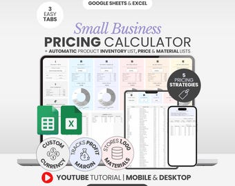 Calculadora de precios para pequeñas empresas, hoja de cálculo, seguimiento de inventario empresarial, cálculo de margen de beneficio, seguimiento de costos de productos, calculadora de ROI