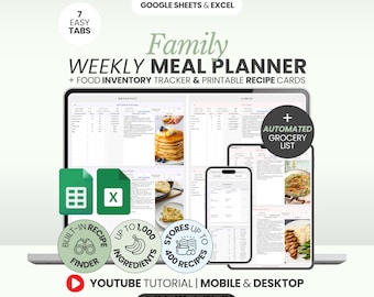 Planificateur de repas hebdomadaire Feuille de calcul Planificateur de repas familial Système de suivi des stocks alimentaires Organiseur de recettes Feuilles Google Excel Aide culinaire