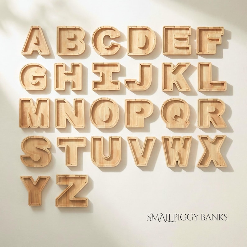 May include: A collection of twenty-six light brown wooden letter-shaped piggy banks arranged in alphabetical order from A to Z. Each letter features a hollow center and a clear front panel. The text SMALL PIGGY BANKS is printed in the bottom right corner.