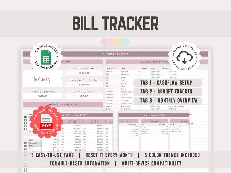 Bill Tracker Google Sheets Budget Spreadsheet Monthly Paycheck Sheet ...