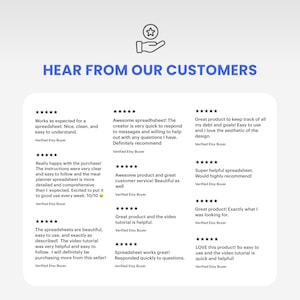 Peut inclure: Graphique bleu clair avec le texte "HEAR FROM OUR CUSTOMERS" et des avis clients. Les avis sont dans un encadr&eacute; blanc avec du texte noir et des &eacute;valuations par &eacute;toiles. Les avis mentionnent des feuilles de calcul, la facilit&eacute; d'utilisation et des tutoriels utiles.