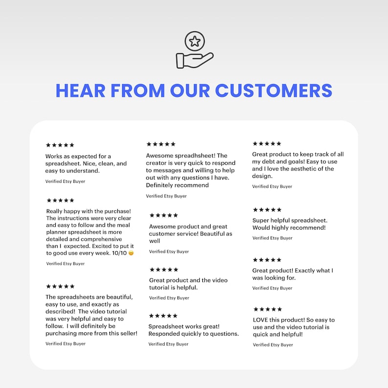Peut inclure: Graphique bleu clair avec le texte "HEAR FROM OUR CUSTOMERS" et des avis clients. Les avis sont dans un encadr&eacute; blanc avec du texte noir et des &eacute;valuations par &eacute;toiles. Les avis mentionnent des feuilles de calcul, la facilit&eacute; d'utilisation et des tutoriels utiles.
