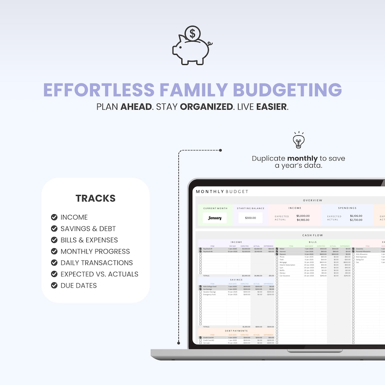 May include: A digital budget planner displayed on a laptop screen featuring the text EFFORTLESS FAMILY BUDGETING, PLAN AHEAD. STAY ORGANIZED. LIVE EASIER. The interface includes sections for income, savings, debt, bills, expenses, and monthly progress.