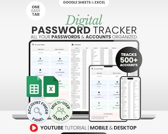 Puede incluir: Una plantilla digital de seguimiento de contraseñas para Google Sheets y Excel mostrada en una pantalla de portátil y smartphone. La interfaz incluye un panel de búsqueda de cuentas, una base de datos y rastrea más de 500 cuentas de usuario.