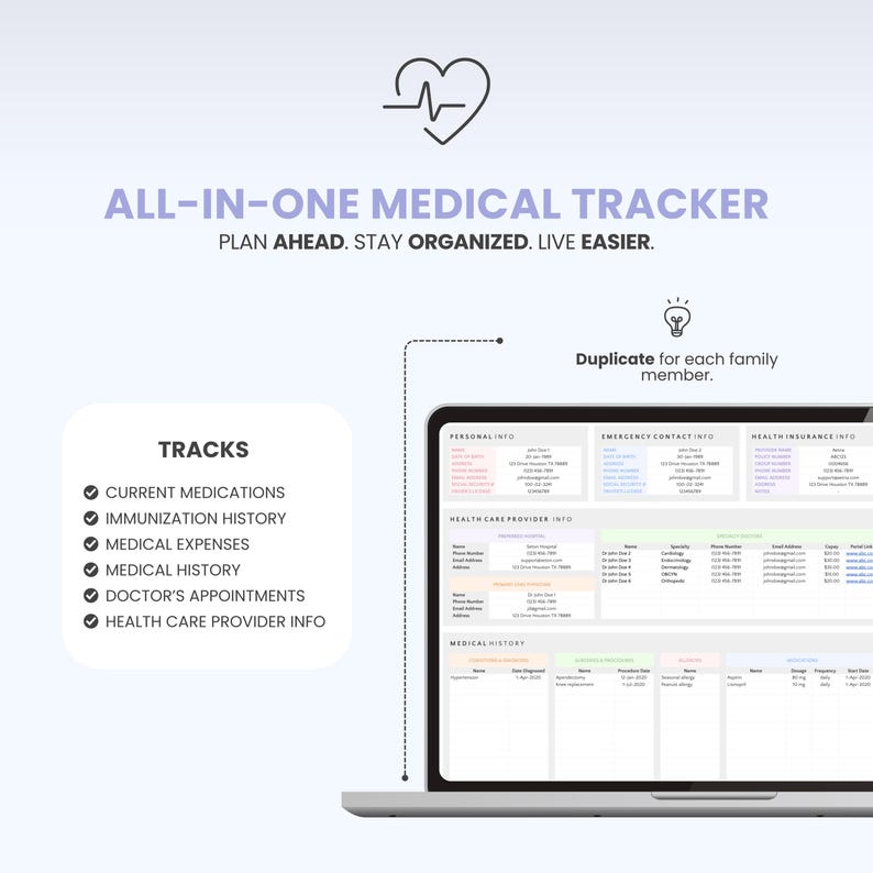 May include: A digital medical tracker template displayed on a laptop screen. The interface includes sections for personal info, emergency contacts, health insurance, and provider details. A list tracks medications, immunizations, and expenses.