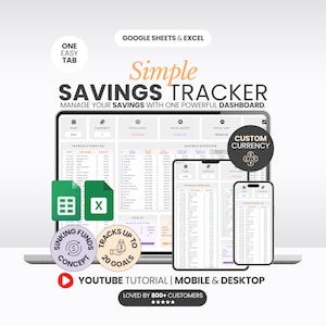 Könnte beinhalten: Ein digitaler Spar-Tracker, der auf einem Laptop, Tablet und Smartphone angezeigt wird. Das Design enthält den Text "Simple Savings Tracker" und "Google Sheets & Excel". Zusätzliche Symbole und Text weisen auf Funktionen wie "Custom Currency" hin.