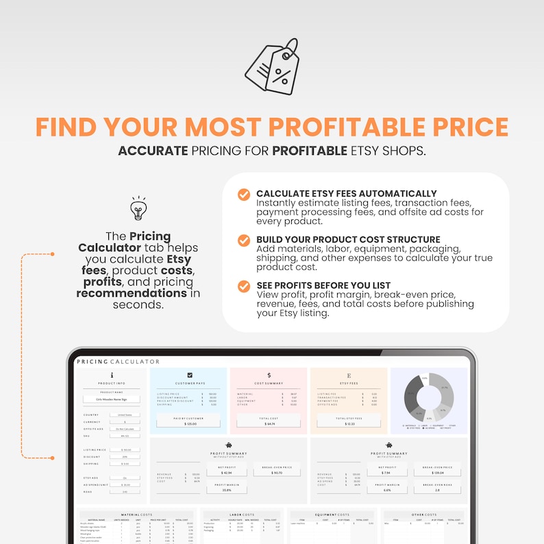 May include: A digital pricing calculator interface for Etsy shops featuring sections for product info, customer pay, cost summary, Etsy fees, and profit summary. The graphic includes text headers: FIND YOUR MOST PROFITABLE PRICE and ACCURATE PRICING FOR PROFITABLE ETSY SHOPS.