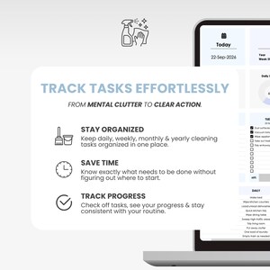 Puede incluir: Una interfaz digital de gesti&oacute;n de tareas en una pantalla, con el texto TRACK TASKS EFFORTLESSLY, FROM MENTAL CLUTTER TO CLEAR ACTION, STAY ORGANIZED, SAVE TIME y TRACK PROGRESS, junto a iconos de limpieza, un reloj y una marca de verificaci&oacute;n.