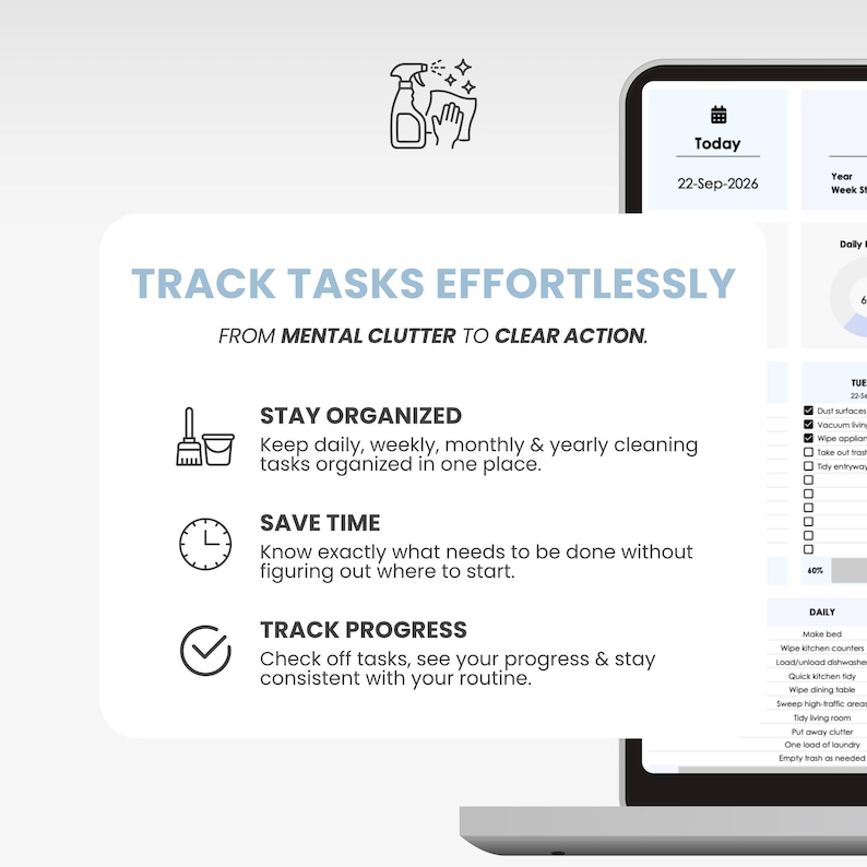 Puede incluir: Una interfaz digital de gesti&oacute;n de tareas en una pantalla, con el texto TRACK TASKS EFFORTLESSLY, FROM MENTAL CLUTTER TO CLEAR ACTION, STAY ORGANIZED, SAVE TIME y TRACK PROGRESS, junto a iconos de limpieza, un reloj y una marca de verificaci&oacute;n.