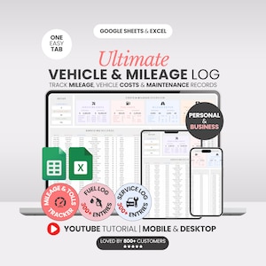 May include: A digital vehicle and mileage log displayed on a laptop, tablet, and smartphone. The image includes the text "Ultimate Vehicle & Mileage Log" and icons for mileage tracking, fuel, and service logs. The design is for personal and business use.