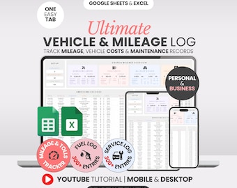 May include: A digital vehicle and mileage log displayed on a laptop, tablet, and smartphone. The image includes the text "Ultimate Vehicle & Mileage Log" and icons for mileage tracking, fuel, and service logs. The design is for personal and business use.
