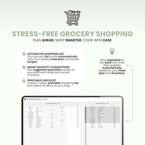 May include: A digital grocery shopping list with the text "STRESS-FREE GROCERY SHOPPING". The list includes features like automated lists, smart quantity suggestions, and printable checklists. A shopping cart icon is at the top.