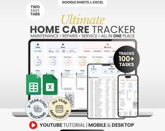 Puede incluir: Una plantilla digital de seguimiento del mantenimiento del hogar para Google Sheets y Excel mostrada en un portátil, tableta y teléfono inteligente. La interfaz incluye registros de mantenimiento, reparaciones y servicios con gráficos.