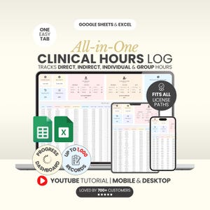 Könnte beinhalten: Eine digitale Anzeige eines Protokolls der klinischen Stunden, sichtbar auf einem Laptop, Tablet und Smartphone. Das Bild enthält den Text "All-in-One CLINICAL HOURS LOG" und "GOOGLE SHEETS & EXCEL". Zusätzlicher Text lautet "TRACKS DIRECT, INDIRECT, INDIVIDUAL & GROUP HOURS".
