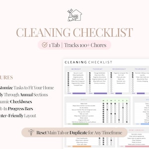May include: A printable cleaning checklist with a light beige background. The checklist includes sections for daily, weekly, monthly, and semi-annual chores. Features include customizable tasks, dynamic checkboxes, and built-in progress bars.