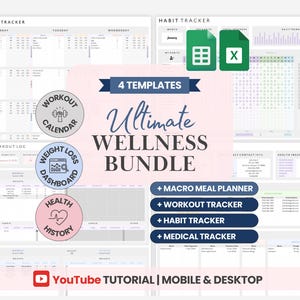 Może przedstawiać: Cyfrowy pakiet wellness z czterema szablonami: śledzenie kalorii, kalendarz treningów, panel kontrolny utraty wagi i historia zdrowia. Zawiera trackery posiłków, treningów, nawyków i medyczne. Samouczek YouTube.