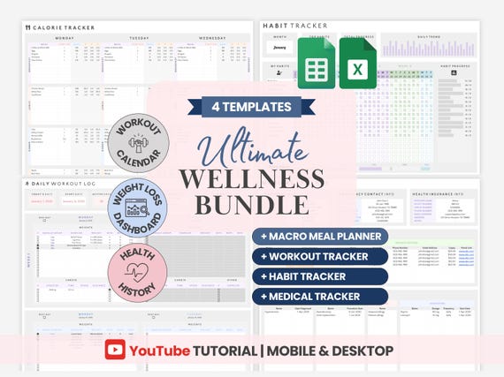 Health And Wellness Template Wellness Journal Self Care Template Digital Fitness Tracker Excel Weight Loss Journal Meal Planner Sheet