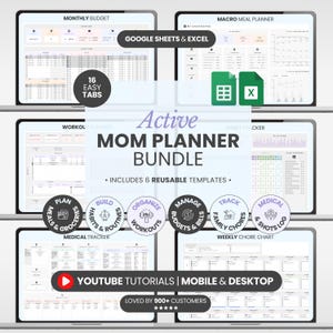 May include: A digital planner bundle for Google Sheets and Excel featuring six reusable templates including a monthly budget, macro meal planner, workout planner, habit tracker, medical tracker, and weekly chore chart with 16 easy tabs.