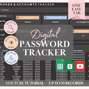 Donkere modus Wachtwoordlogboek Wachtwoordboek Digitale wachtwoordtracker Google Spreadsheets Accountssjabloon Digitale wachtwoordbeheerder Spreadsheet