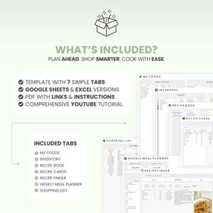 Weekly Meal Planner Spreadsheet Family Meal Planner Food Inventory Tracking System Recipe Organizer Excel Google Sheets Cooking Helper Meal