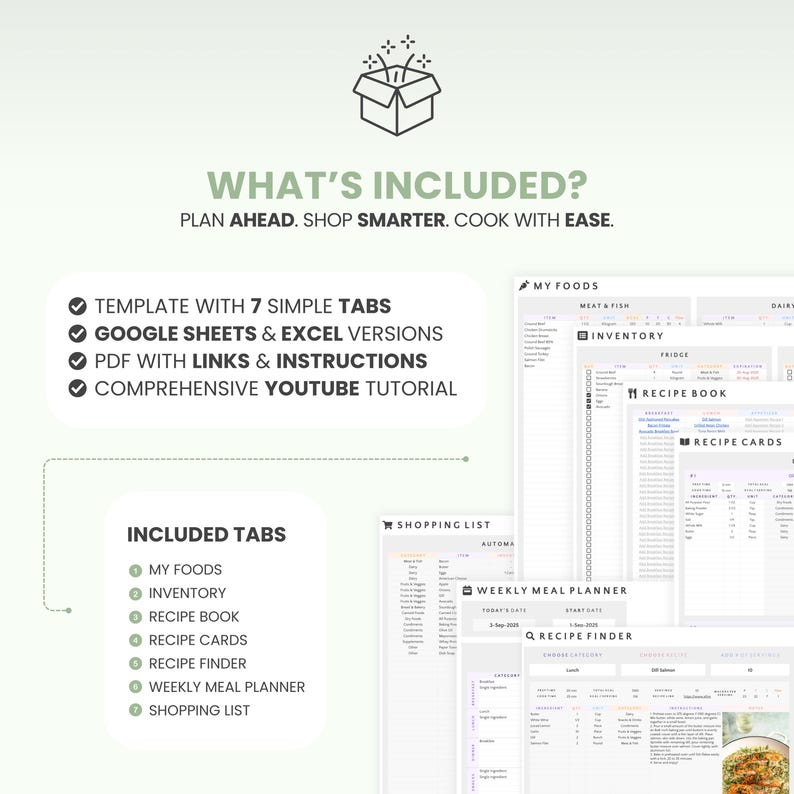 Weekly Meal Planner Spreadsheet Family Meal Planner Food Inventory Tracking System Recipe Organizer Excel Google Sheets Cooking Helper Meal