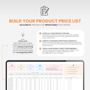 May include: A digital product price list template displayed on a screen, featuring a clipboard icon and text titled BUILD YOUR PRODUCT PRICE LIST. The interface includes sections for product summary, profit performance, and a detailed pricing table.