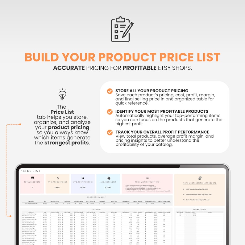 May include: A digital product price list template displayed on a screen, featuring a clipboard icon and text titled BUILD YOUR PRODUCT PRICE LIST. The interface includes sections for product summary, profit performance, and a detailed pricing table.